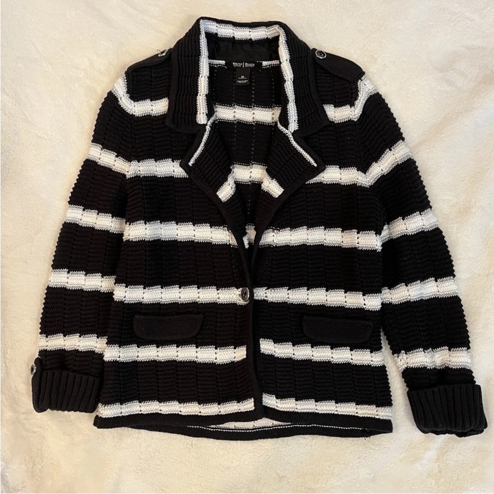 White House Black Market Black White Stripe Shimmer Sweater Jacket Size Medium